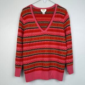 Talbots Merino Wool Sweater L Striped V-Neck Pink Red Brown Cozy Cottagecore